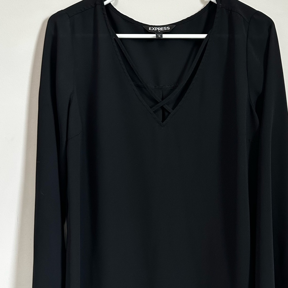 Express Black V-Neck Long Sleeve Blouse with Crisscross Detail
